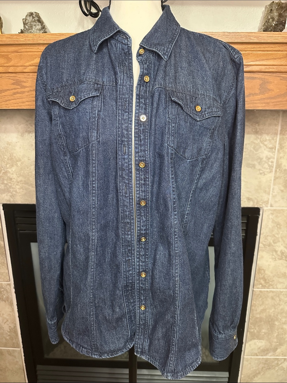 Talbots Size 16 Denim Shirt Western Button Front Dark Wash 100% Cotton Shacket